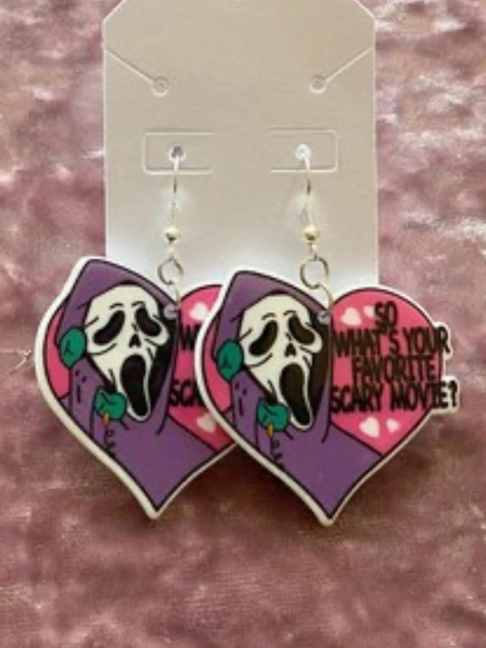 Ghostface Scream Heart Earrings Pink Halloween Horror Dangle Earrings
